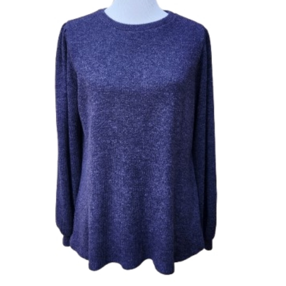 Riah Fashion Blue Rib-Knit Top High Crewneck Long Balloon Sleeves Relaxed Fit